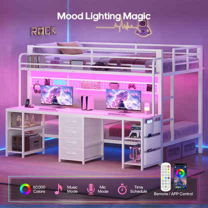 ADORNEVE Bunk Bed Twin Over Twin with 2 Person Desk and Power Outles LED Bunk Bed with 4 Drawers Storage Rack and 4 Shelves Metal Bunk Beds with Guardrai