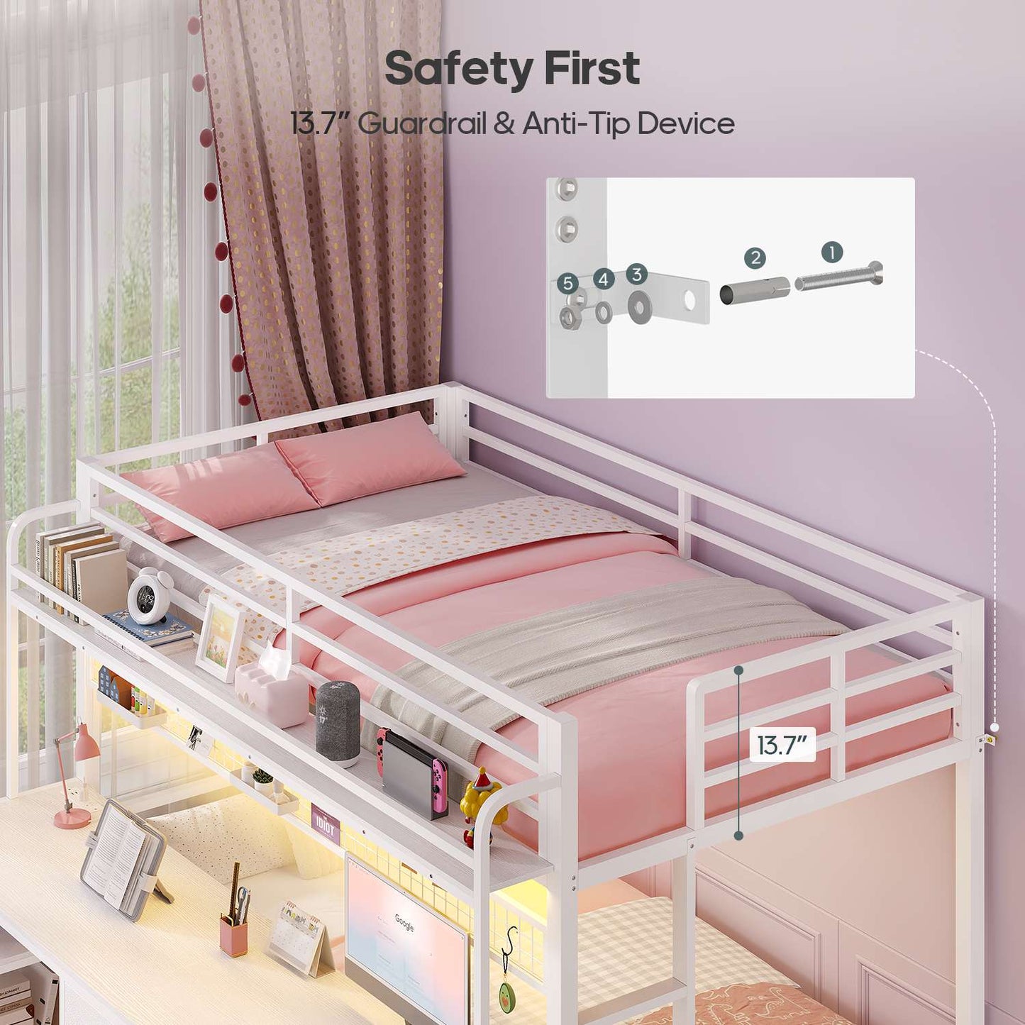 ADORNEVE Bunk Bed Twin Over Twin with 2 Person Desk and Power Outles LED Bunk Bed with 4 Drawers Storage Rack and 4 Shelves Metal Bunk Beds with Guardrai