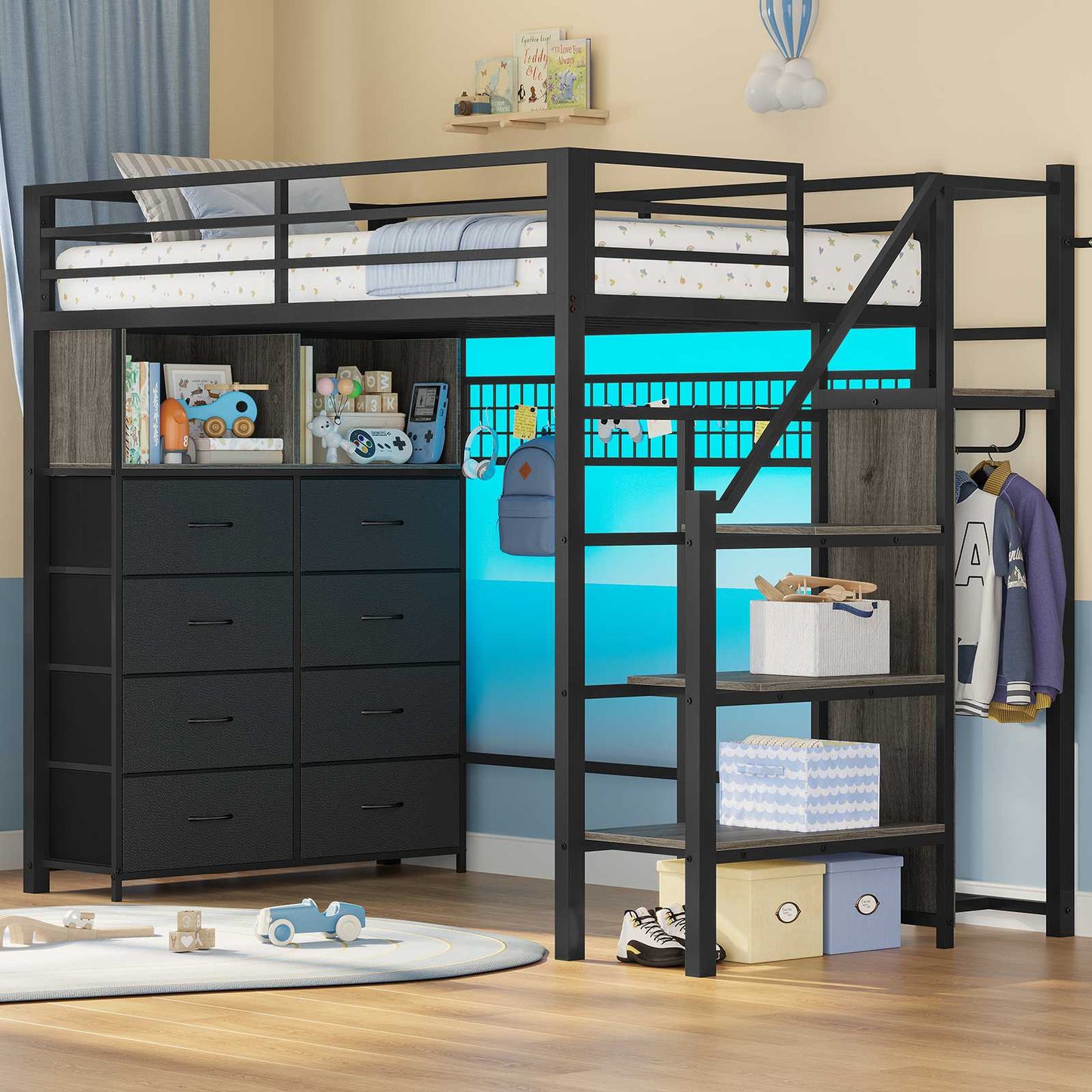 ADORNEVE Twin Size Loft Bed with Storage Stairs and 8 Drawers LED LED Metal Kids Loft Bed with Power Outlet and Shelves Wardrobe Safety Guard