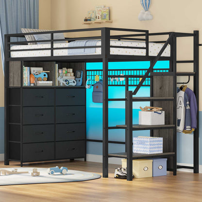 ADORNEVE Twin Size Loft Bed with Storage Stairs and 8 Drawers LED LED Metal Kids Loft Bed with Power Outlet and Shelves Wardrobe Safety Guard