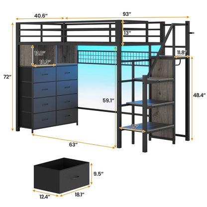 ADORNEVE Twin Size Loft Bed with Storage Stairs and 8 Drawers LED LED Metal Kids Loft Bed with Power Outlet and Shelves Wardrobe Safety Guard
