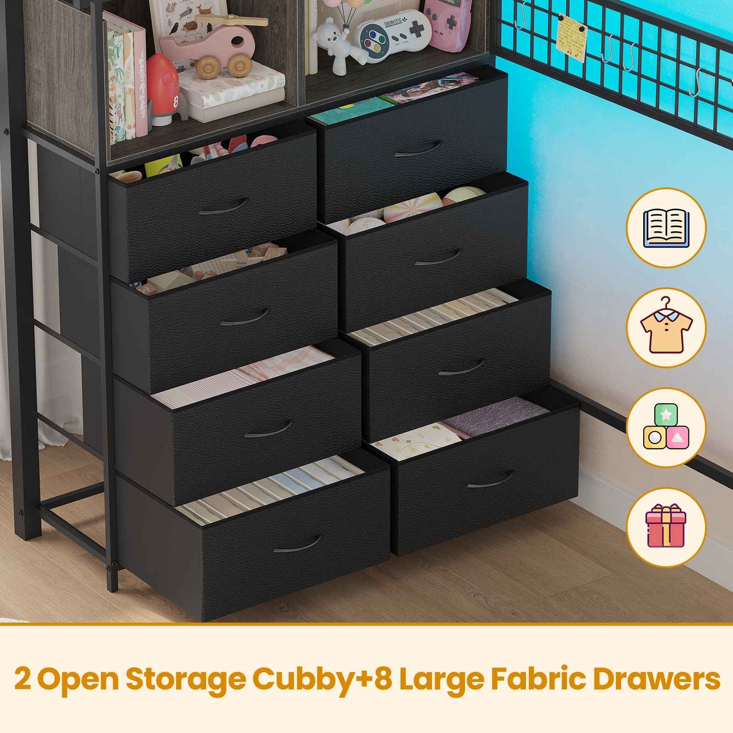ADORNEVE Twin Size Loft Bed with Storage Stairs and 8 Drawers LED LED Metal Kids Loft Bed with Power Outlet and Shelves Wardrobe Safety Guard