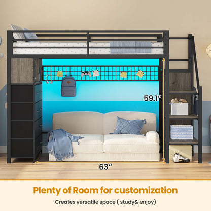 ADORNEVE Twin Size Loft Bed with Storage Stairs and 8 Drawers LED LED Metal Kids Loft Bed with Power Outlet and Shelves Wardrobe Safety Guard