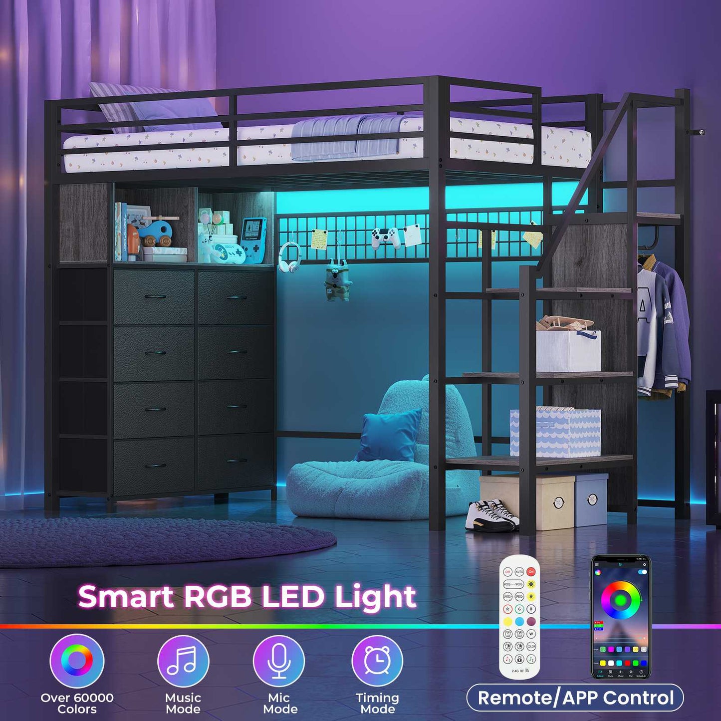 ADORNEVE Twin Size Loft Bed with Storage Stairs and 8 Drawers LED LED Metal Kids Loft Bed with Power Outlet and Shelves Wardrobe Safety Guard