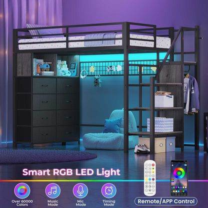 ADORNEVE Twin Size Loft Bed with Storage Stairs and 8 Drawers LED LED Metal Kids Loft Bed with Power Outlet and Shelves Wardrobe Safety Guard