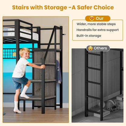 ADORNEVE Twin Size Loft Bed with Storage Stairs and 8 Drawers LED LED Metal Kids Loft Bed with Power Outlet and Shelves Wardrobe Safety Guard