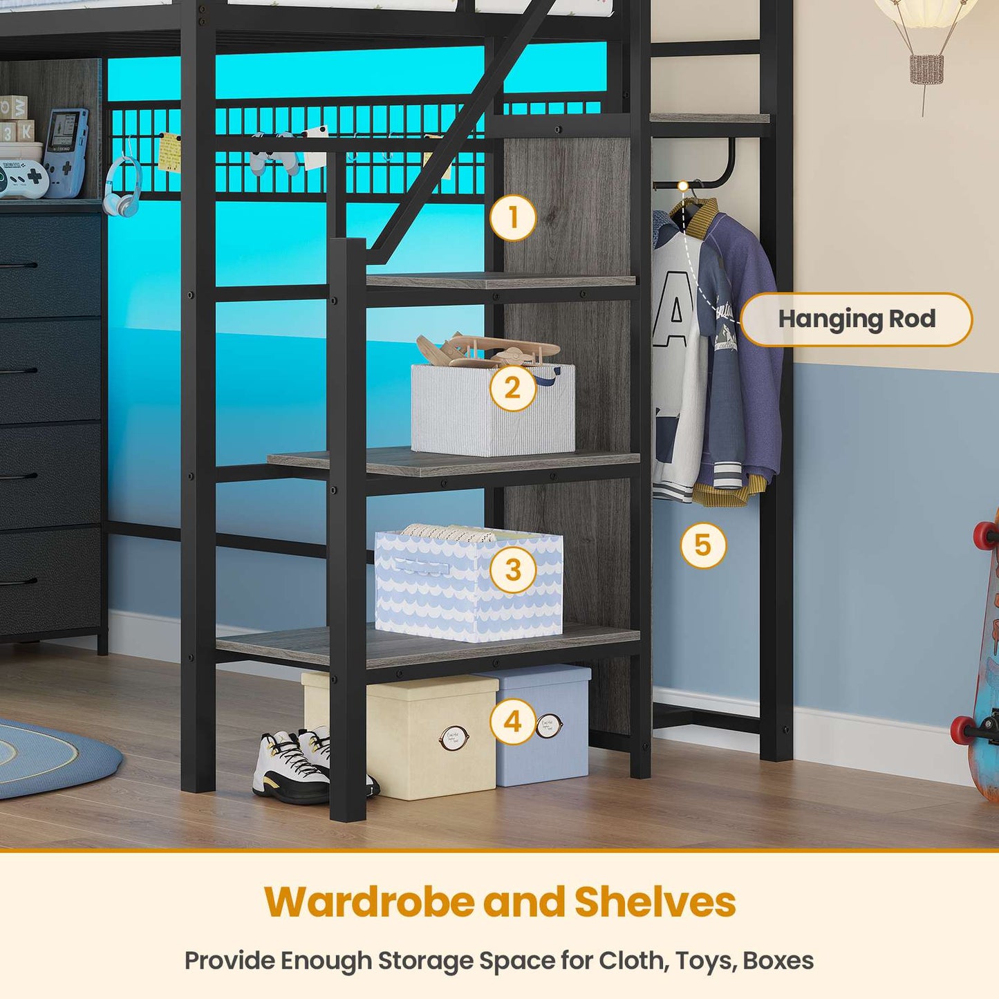ADORNEVE Twin Size Loft Bed with Storage Stairs and 8 Drawers LED LED Metal Kids Loft Bed with Power Outlet and Shelves Wardrobe Safety Guard