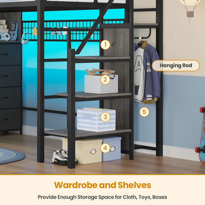 ADORNEVE Twin Size Loft Bed with Storage Stairs and 8 Drawers LED LED Metal Kids Loft Bed with Power Outlet and Shelves Wardrobe Safety Guard