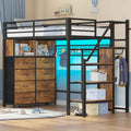 ADORNEVE Twin Size Loft Bed with Storage Stairs and 8 Drawers LED LED Metal Kids Loft Bed with Power Outlet and Shelves Wardrobe Safety Guard