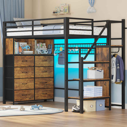 ADORNEVE Twin Size Loft Bed with Storage Stairs and 8 Drawers LED LED Metal Kids Loft Bed with Power Outlet and Shelves Wardrobe Safety Guard