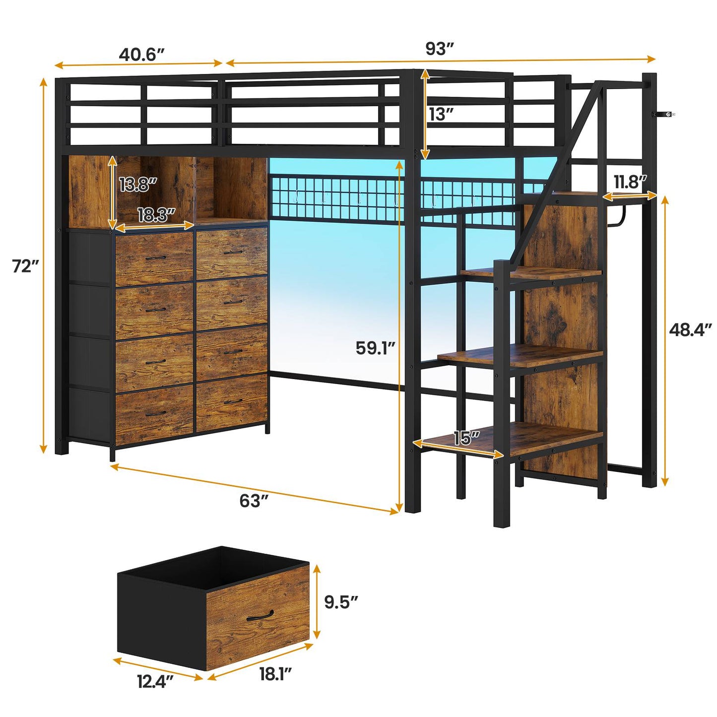 ADORNEVE Twin Size Loft Bed with Storage Stairs and 8 Drawers LED LED Metal Kids Loft Bed with Power Outlet and Shelves Wardrobe Safety Guard