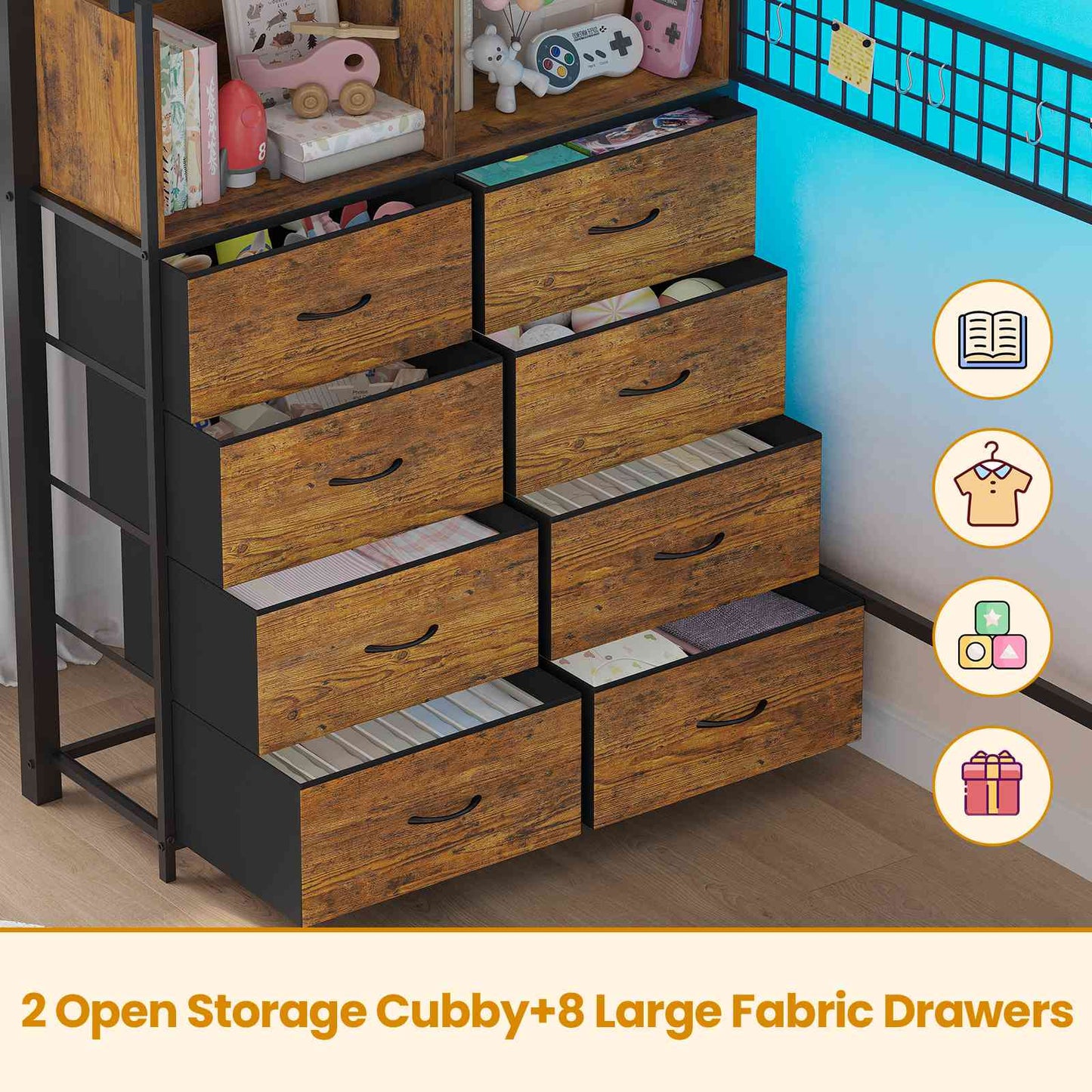 ADORNEVE Twin Size Loft Bed with Storage Stairs and 8 Drawers LED LED Metal Kids Loft Bed with Power Outlet and Shelves Wardrobe Safety Guard