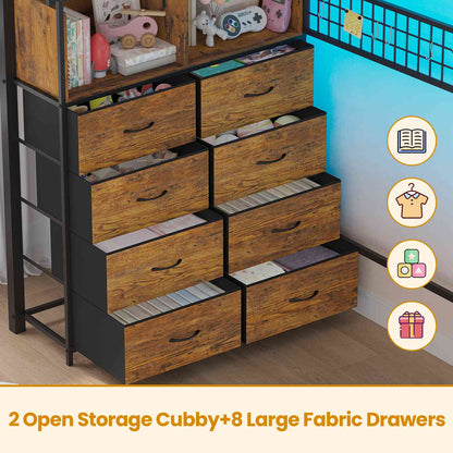 ADORNEVE Twin Size Loft Bed with Storage Stairs and 8 Drawers LED LED Metal Kids Loft Bed with Power Outlet and Shelves Wardrobe Safety Guard