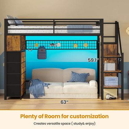 ADORNEVE Twin Size Loft Bed with Storage Stairs and 8 Drawers LED LED Metal Kids Loft Bed with Power Outlet and Shelves Wardrobe Safety Guard