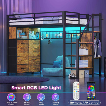 ADORNEVE Twin Size Loft Bed with Storage Stairs and 8 Drawers LED LED Metal Kids Loft Bed with Power Outlet and Shelves Wardrobe Safety Guard