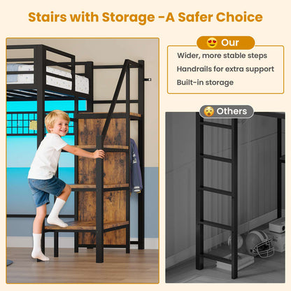 ADORNEVE Twin Size Loft Bed with Storage Stairs and 8 Drawers LED LED Metal Kids Loft Bed with Power Outlet and Shelves Wardrobe Safety Guard