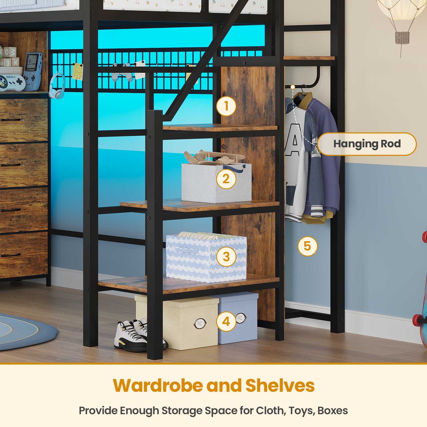 ADORNEVE Twin Size Loft Bed with Storage Stairs and 8 Drawers LED LED Metal Kids Loft Bed with Power Outlet and Shelves Wardrobe Safety Guard