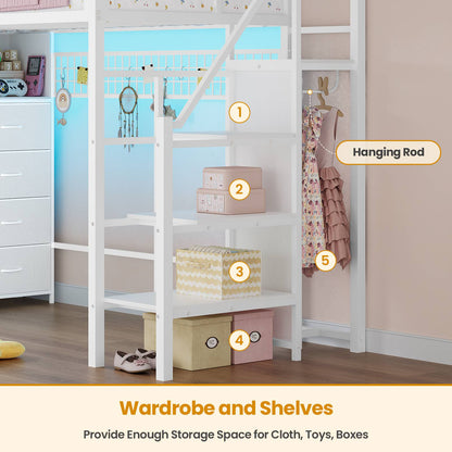 ADORNEVE Twin Size Loft Bed with Storage Stairs and 8 Drawers LED LED Metal Kids Loft Bed with Power Outlet and Shelves Wardrobe Safety Guard