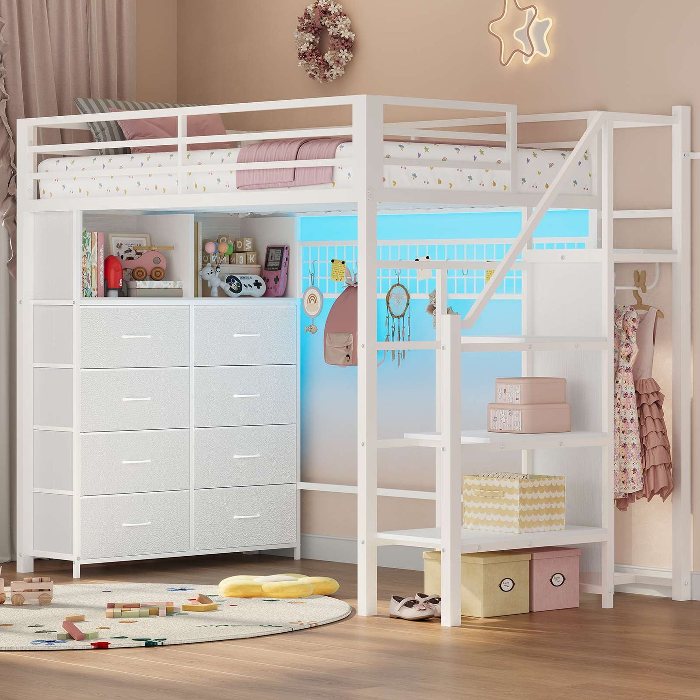 ADORNEVE Twin Size Loft Bed with Storage Stairs and 8 Drawers LED LED Metal Kids Loft Bed with Power Outlet and Shelves Wardrobe Safety Guard