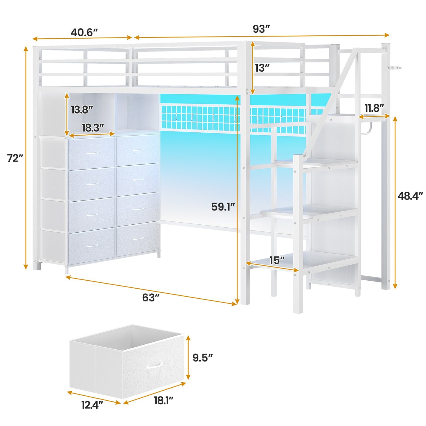 ADORNEVE Twin Size Loft Bed with Storage Stairs and 8 Drawers LED LED Metal Kids Loft Bed with Power Outlet and Shelves Wardrobe Safety Guard