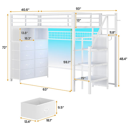 ADORNEVE Twin Size Loft Bed with Storage Stairs and 8 Drawers LED LED Metal Kids Loft Bed with Power Outlet and Shelves Wardrobe Safety Guard