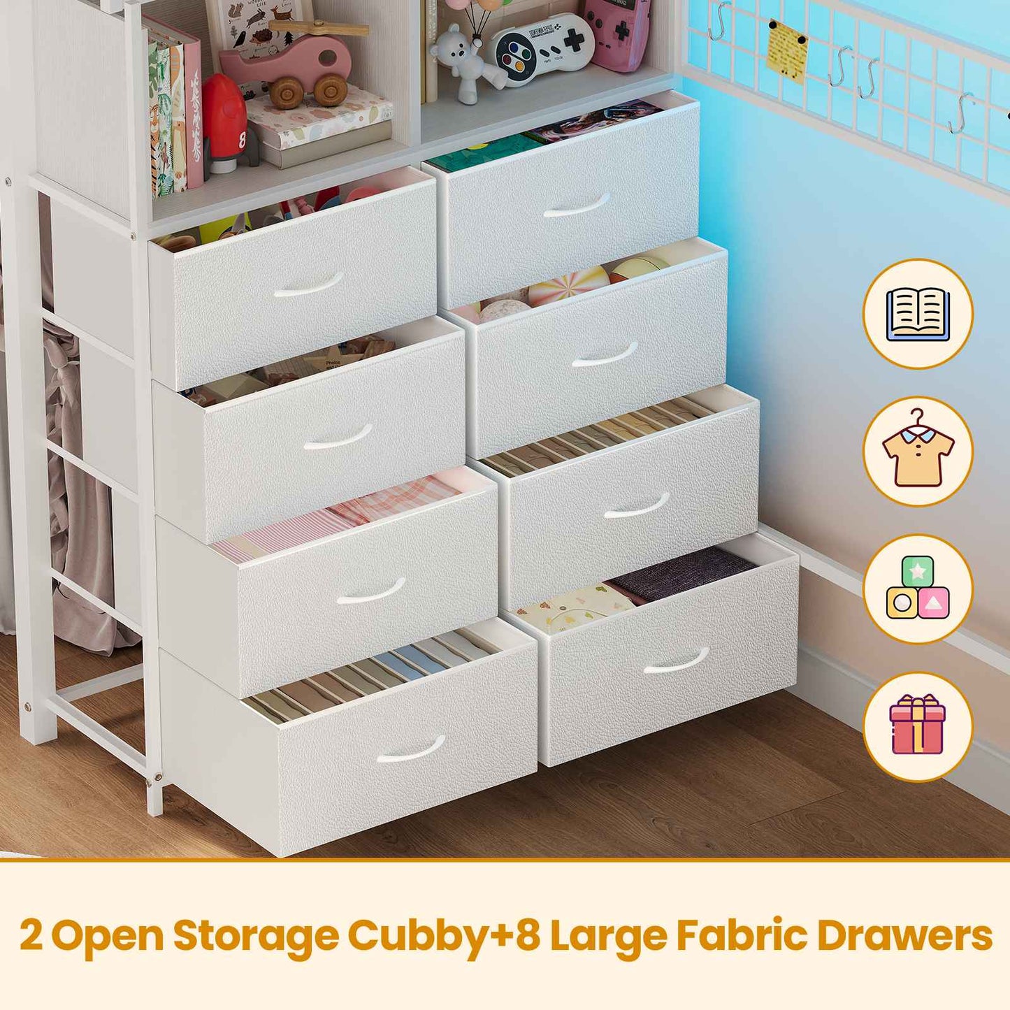 ADORNEVE Twin Size Loft Bed with Storage Stairs and 8 Drawers LED LED Metal Kids Loft Bed with Power Outlet and Shelves Wardrobe Safety Guard