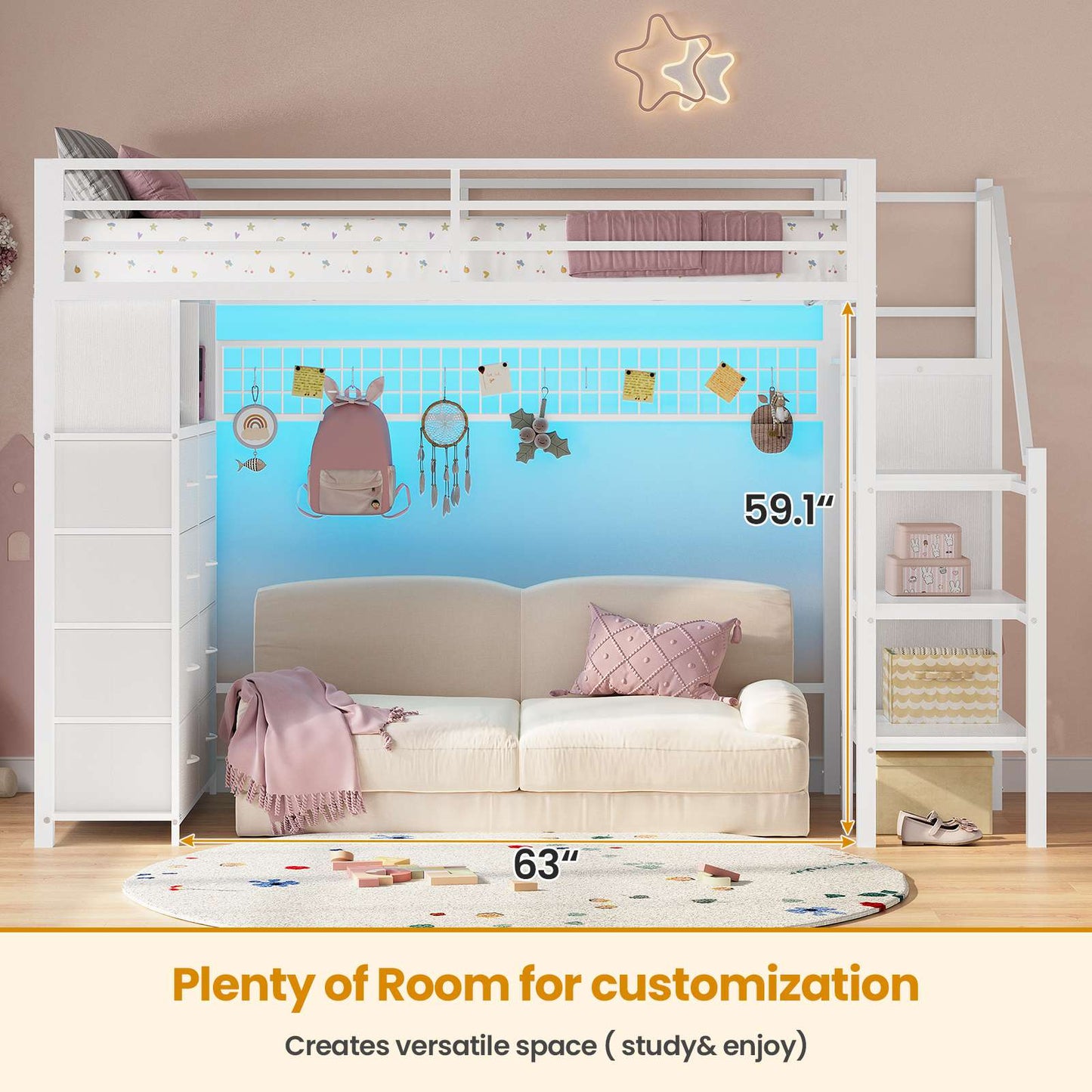 ADORNEVE Twin Size Loft Bed with Storage Stairs and 8 Drawers LED LED Metal Kids Loft Bed with Power Outlet and Shelves Wardrobe Safety Guard