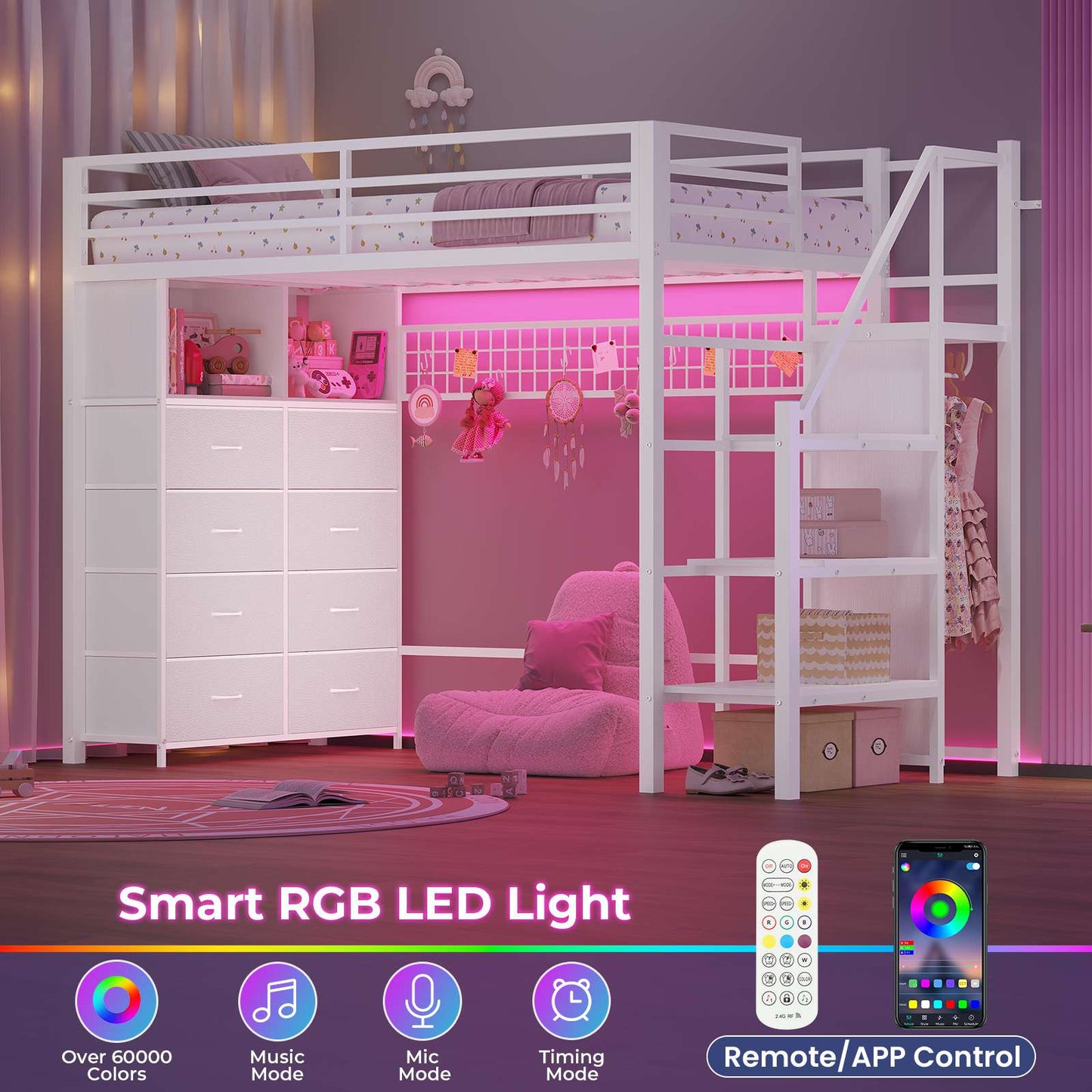 ADORNEVE Twin Size Loft Bed with Storage Stairs and 8 Drawers LED LED Metal Kids Loft Bed with Power Outlet and Shelves Wardrobe Safety Guard