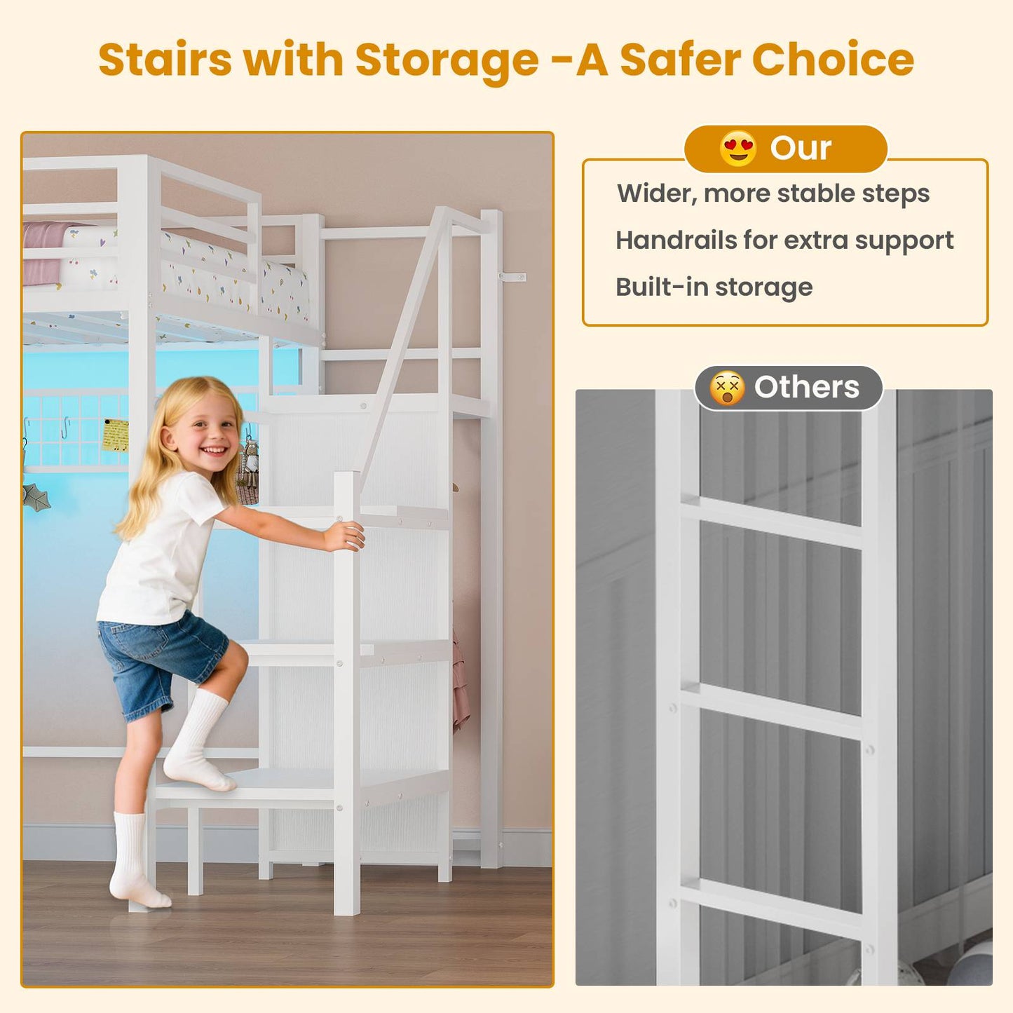 ADORNEVE Twin Size Loft Bed with Storage Stairs and 8 Drawers LED LED Metal Kids Loft Bed with Power Outlet and Shelves Wardrobe Safety Guard