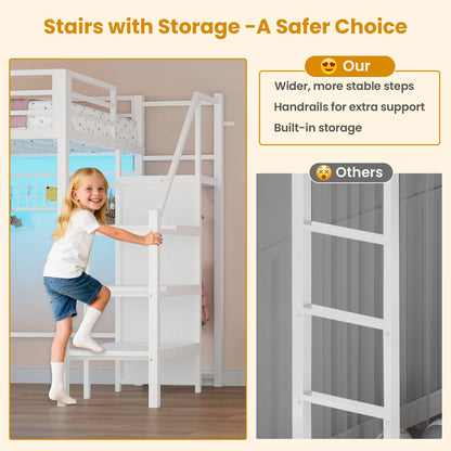 ADORNEVE Twin Size Loft Bed with Storage Stairs and 8 Drawers LED LED Metal Kids Loft Bed with Power Outlet and Shelves Wardrobe Safety Guard