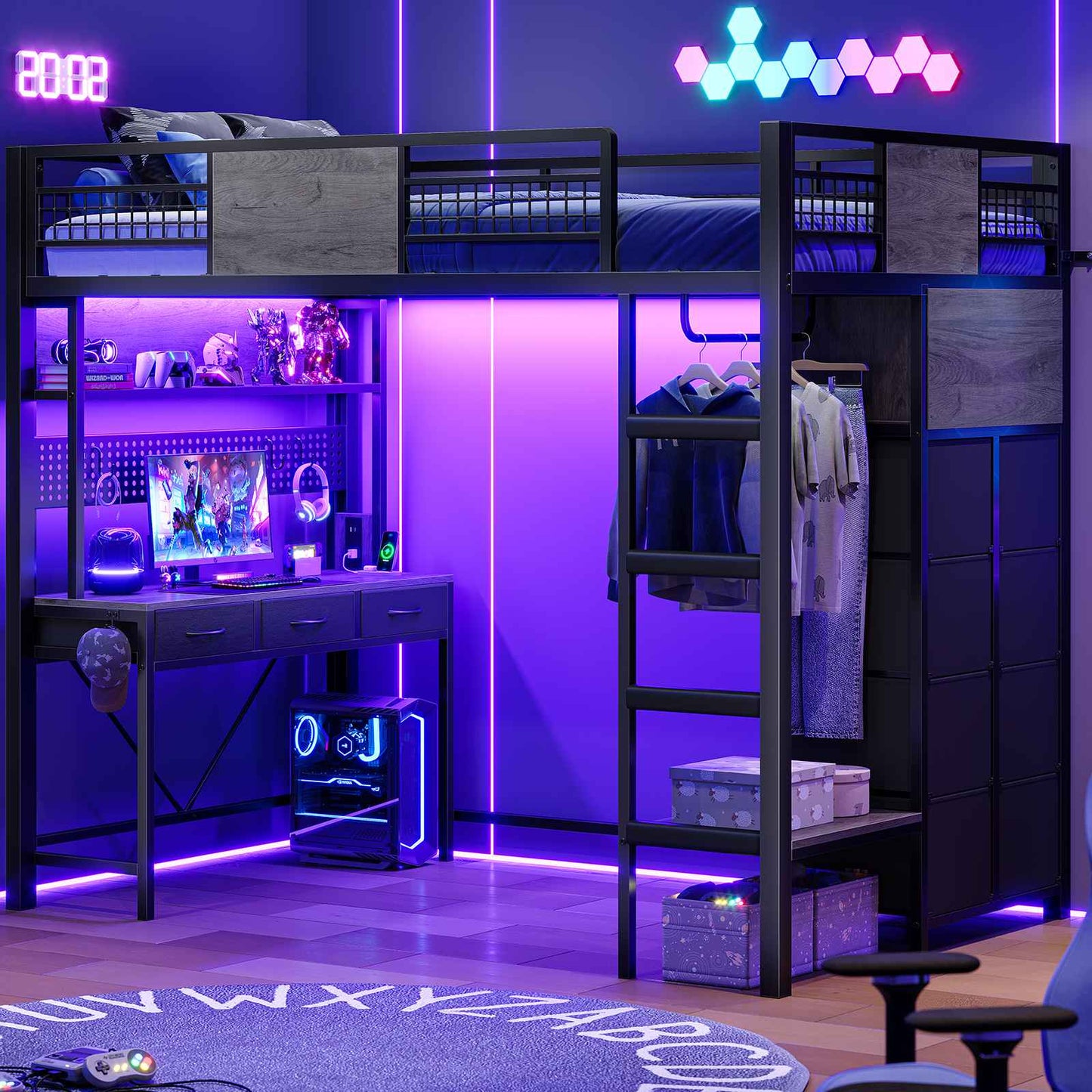 ADORNEVE Loft Bed Twin Size with Desk and Storage Drawers Kids Loft bed with RGB Lights and Charging Station Metal Loft with Shelves Clothing Rack and Safety Guard Paded Ladder