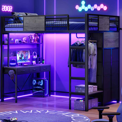 ADORNEVE Loft Bed Twin Size with Desk and Storage Drawers Kids Loft bed with RGB Lights and Charging Station Metal Loft with Shelves Clothing Rack and Safety Guard Paded Ladder