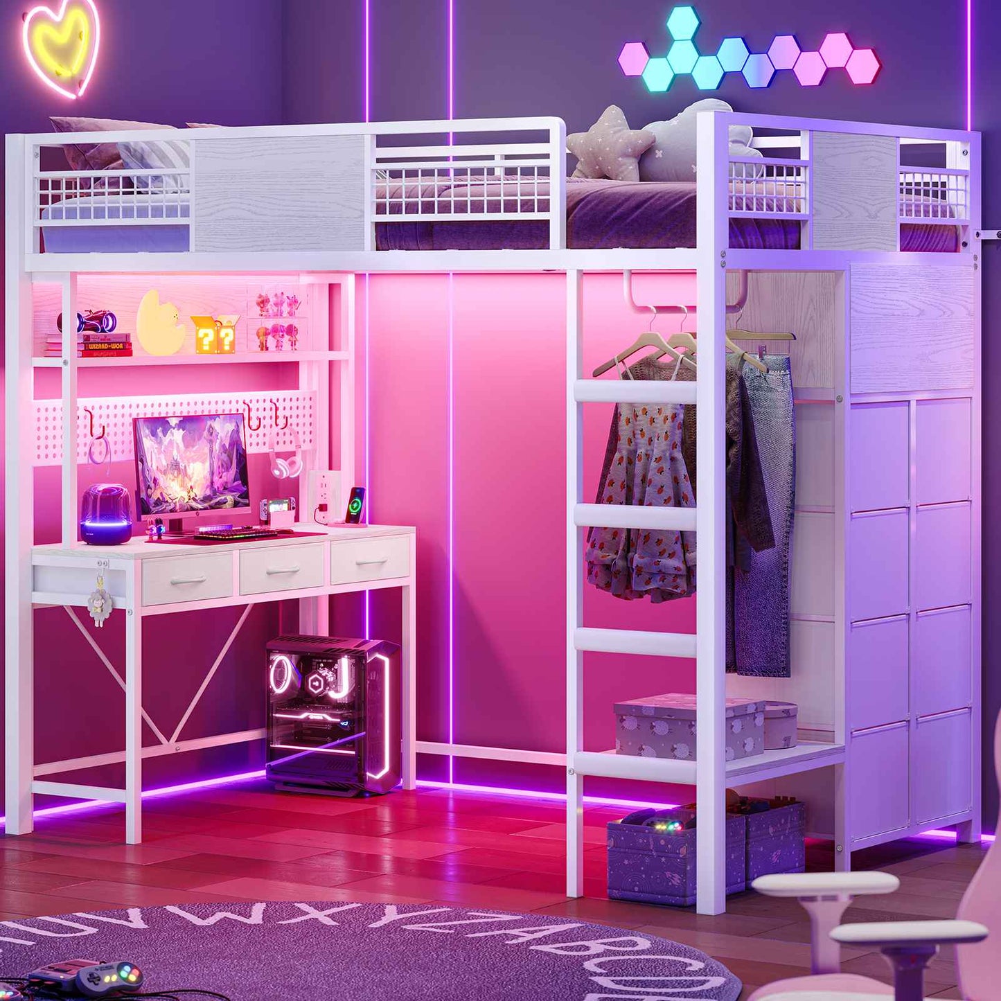 ADORNEVE Loft Bed Twin Size with Desk and Storage Drawers Kids Loft bed with RGB Lights and Charging Station Metal Loft with Shelves Clothing Rack and Safety Guard Paded Ladder