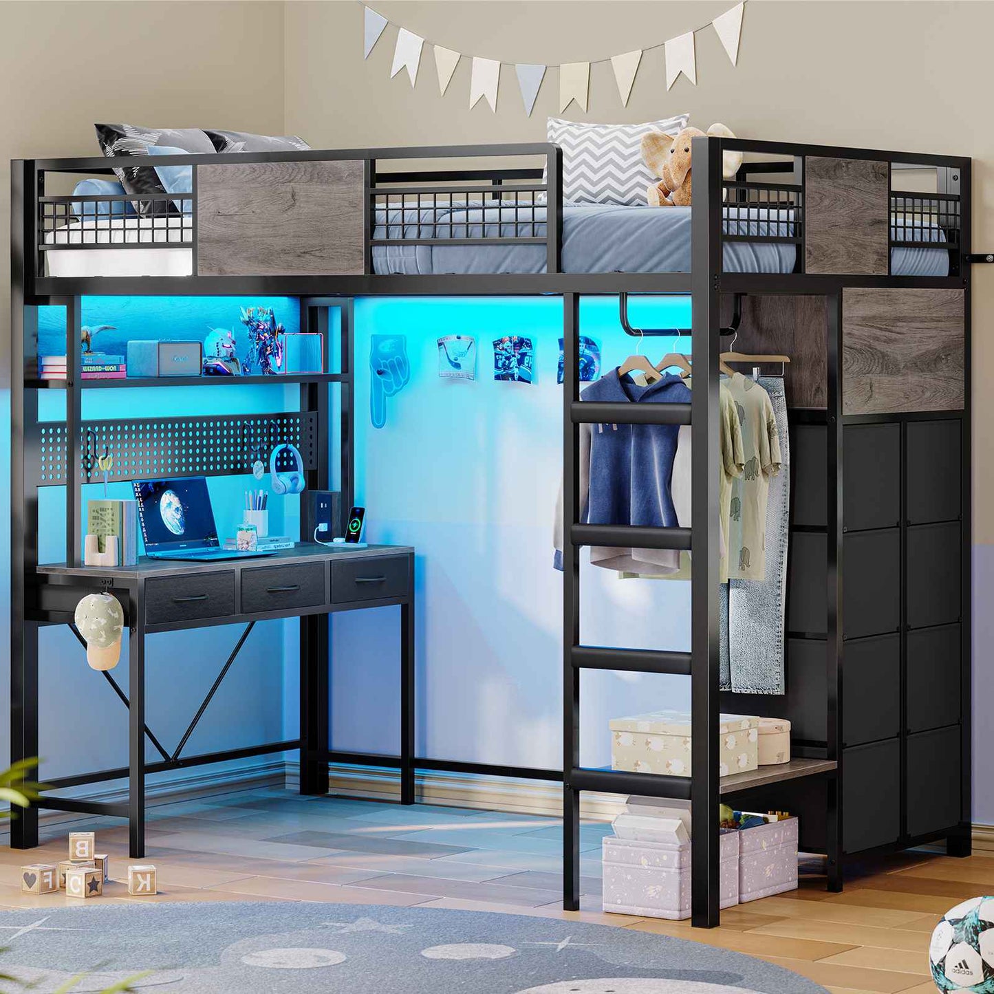 ADORNEVE Loft Bed Twin Size with Desk and Storage Drawers Kids Loft bed with RGB Lights and Charging Station Metal Loft with Shelves Clothing Rack and Safety Guard Paded Ladder