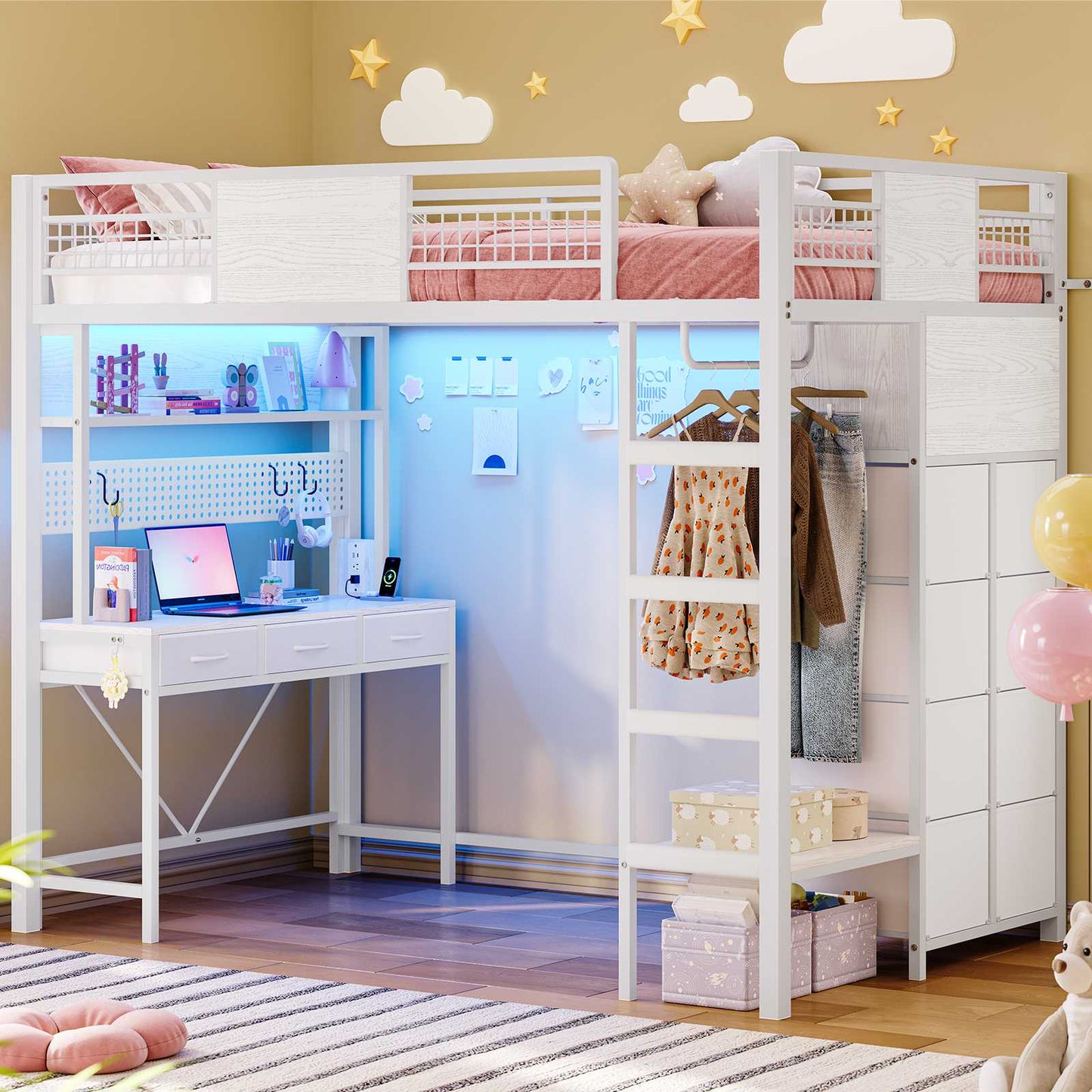 ADORNEVE Loft Bed Twin Size with Desk and Storage Drawers Kids Loft bed with RGB Lights and Charging Station Metal Loft with Shelves Clothing Rack and Safety Guard Paded Ladder