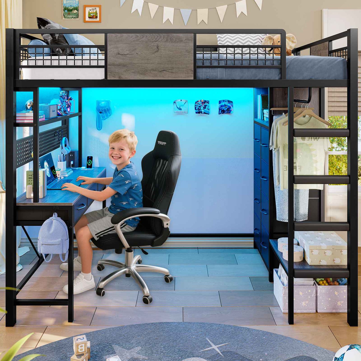 ADORNEVE Loft Bed Twin Size with Desk and Storage Drawers Kids Loft bed with RGB Lights and Charging Station Metal Loft with Shelves Clothing Rack and Safety Guard Paded Ladder