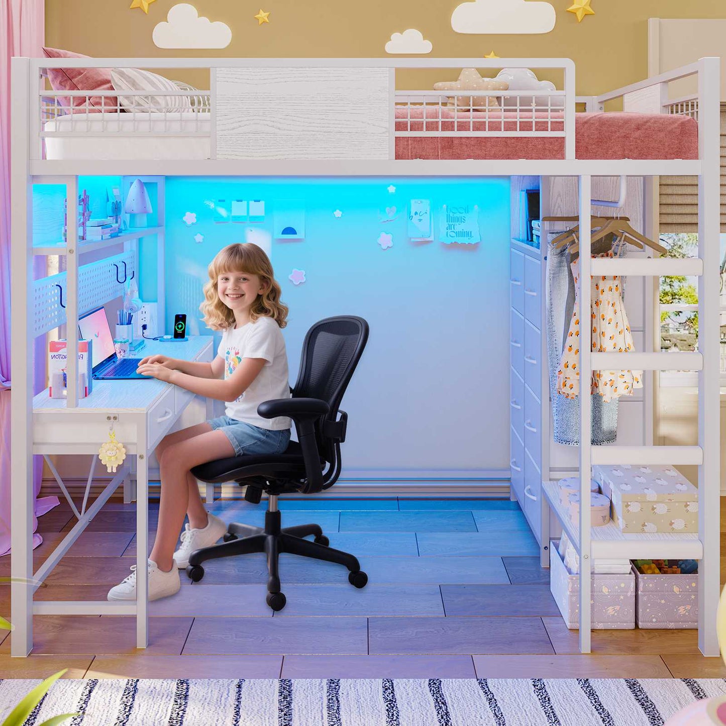 ADORNEVE Loft Bed Twin Size with Desk and Storage Drawers Kids Loft bed with RGB Lights and Charging Station Metal Loft with Shelves Clothing Rack and Safety Guard Paded Ladder