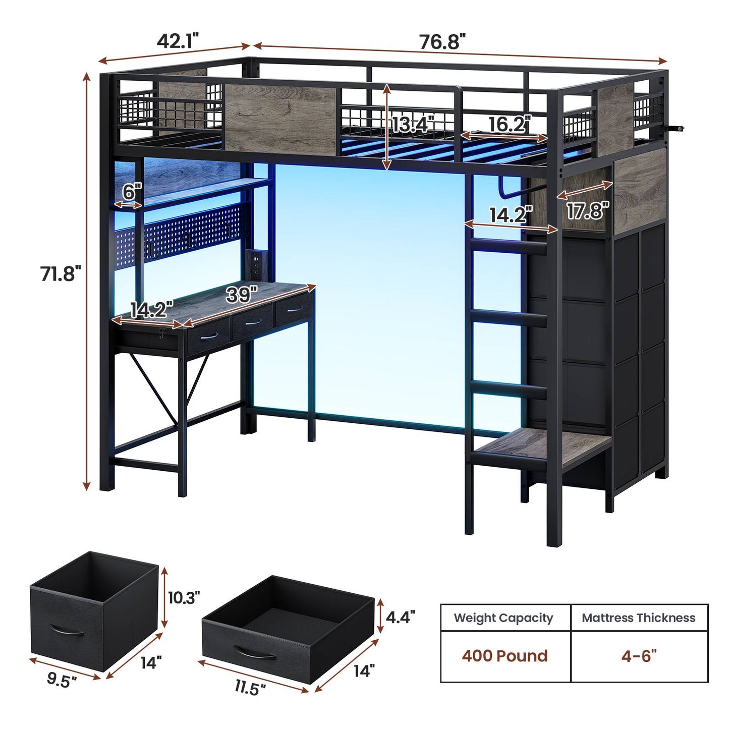 ADORNEVE Loft Bed Twin Size with Desk and Storage Drawers Kids Loft bed with RGB Lights and Charging Station Metal Loft with Shelves Clothing Rack and Safety Guard Paded Ladder