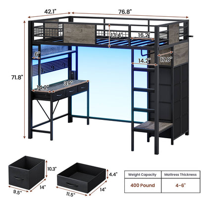 ADORNEVE Loft Bed Twin Size with Desk and Storage Drawers Kids Loft bed with RGB Lights and Charging Station Metal Loft with Shelves Clothing Rack and Safety Guard Paded Ladder