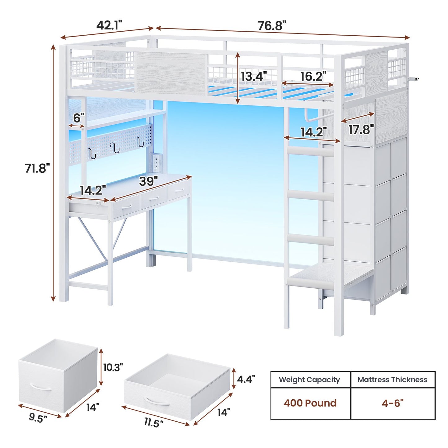 ADORNEVE Loft Bed Twin Size with Desk and Storage Drawers Kids Loft bed with RGB Lights and Charging Station Metal Loft with Shelves Clothing Rack and Safety Guard Paded Ladder