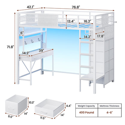 ADORNEVE Loft Bed Twin Size with Desk and Storage Drawers Kids Loft bed with RGB Lights and Charging Station Metal Loft with Shelves Clothing Rack and Safety Guard Paded Ladder