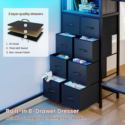 ADORNEVE Loft Bed Twin Size with Desk and Storage Drawers Kids Loft bed with RGB Lights and Charging Station Metal Loft with Shelves Clothing Rack and Safety Guard Paded Ladder