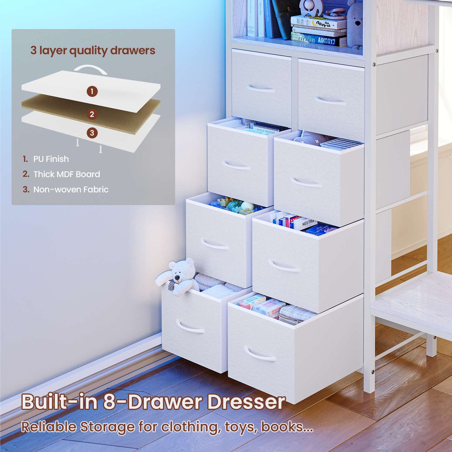 ADORNEVE Loft Bed Twin Size with Desk and Storage Drawers Kids Loft bed with RGB Lights and Charging Station Metal Loft with Shelves Clothing Rack and Safety Guard Paded Ladder