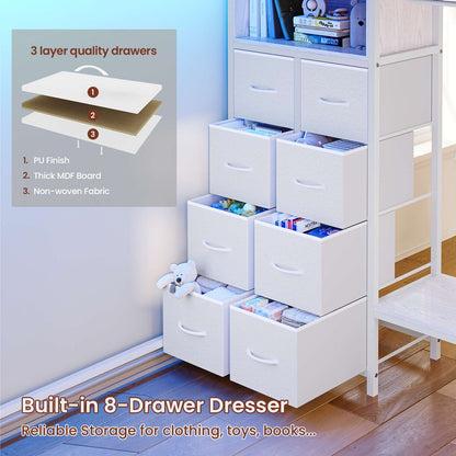 ADORNEVE Loft Bed Twin Size with Desk and Storage Drawers Kids Loft bed with RGB Lights and Charging Station Metal Loft with Shelves Clothing Rack and Safety Guard Paded Ladder