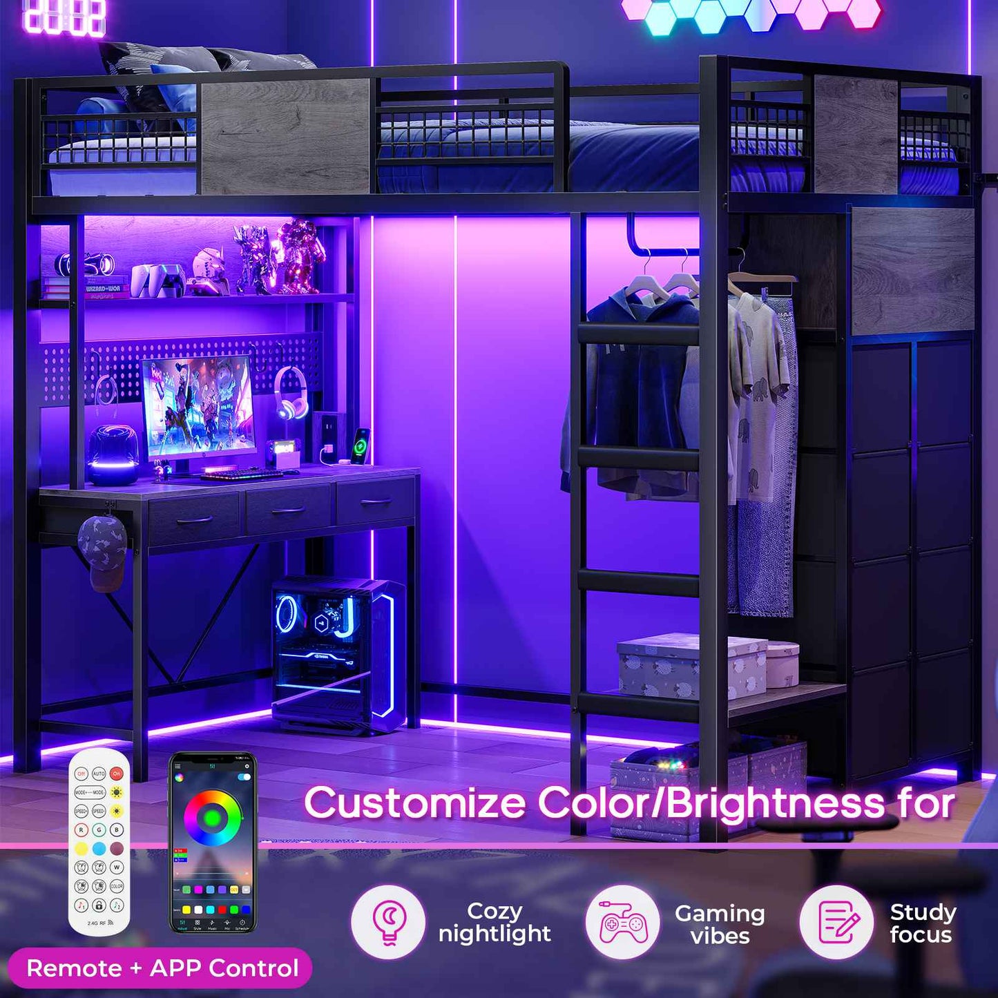 ADORNEVE Loft Bed Twin Size with Desk and Storage Drawers Kids Loft bed with RGB Lights and Charging Station Metal Loft with Shelves Clothing Rack and Safety Guard Paded Ladder