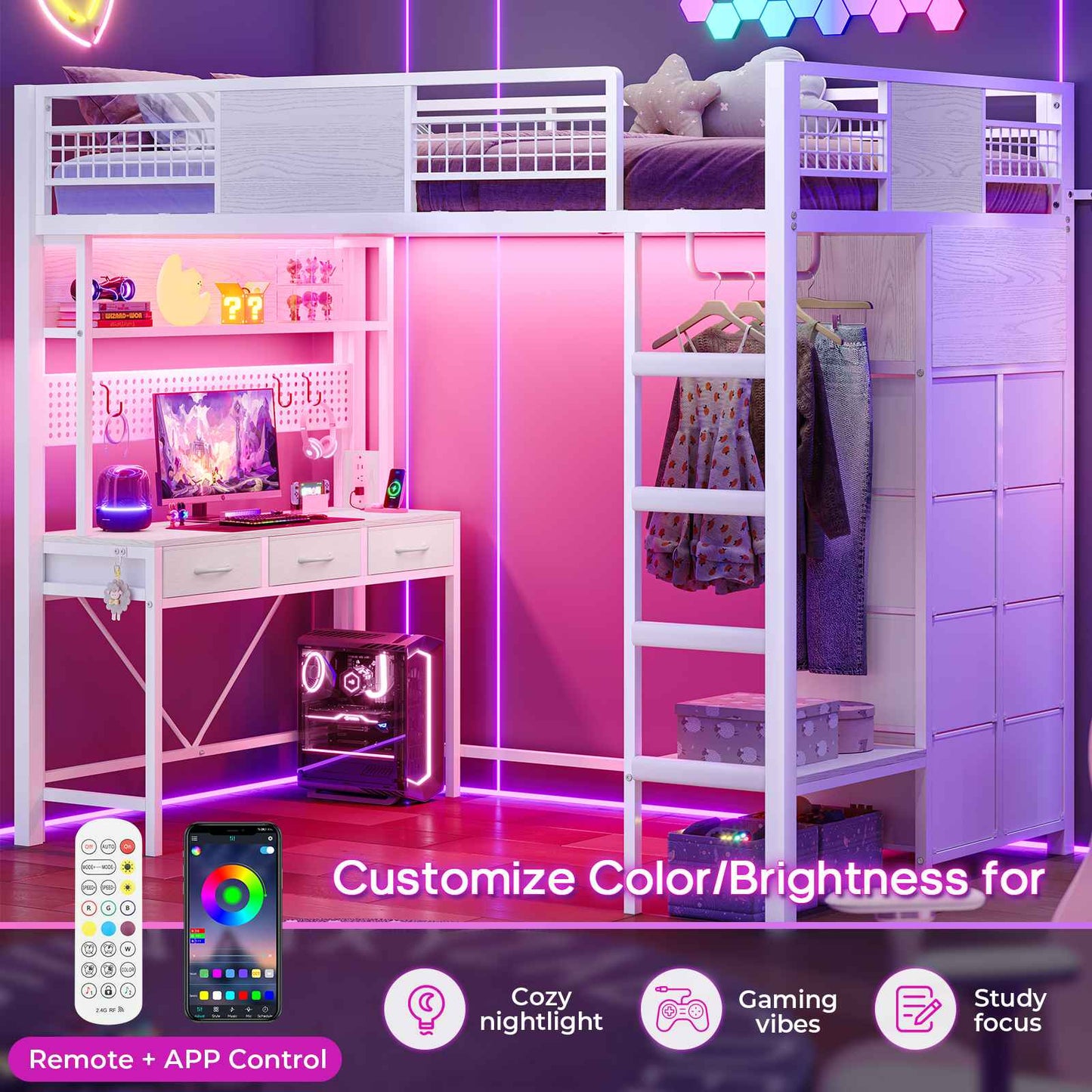 ADORNEVE Loft Bed Twin Size with Desk and Storage Drawers Kids Loft bed with RGB Lights and Charging Station Metal Loft with Shelves Clothing Rack and Safety Guard Paded Ladder