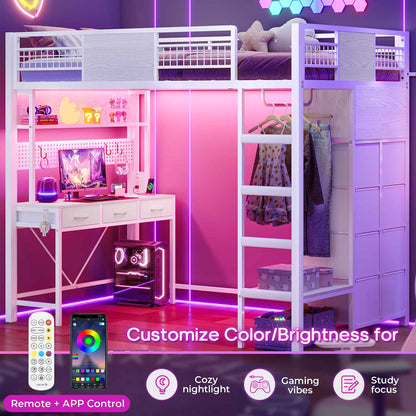 ADORNEVE Loft Bed Twin Size with Desk and Storage Drawers Kids Loft bed with RGB Lights and Charging Station Metal Loft with Shelves Clothing Rack and Safety Guard Paded Ladder