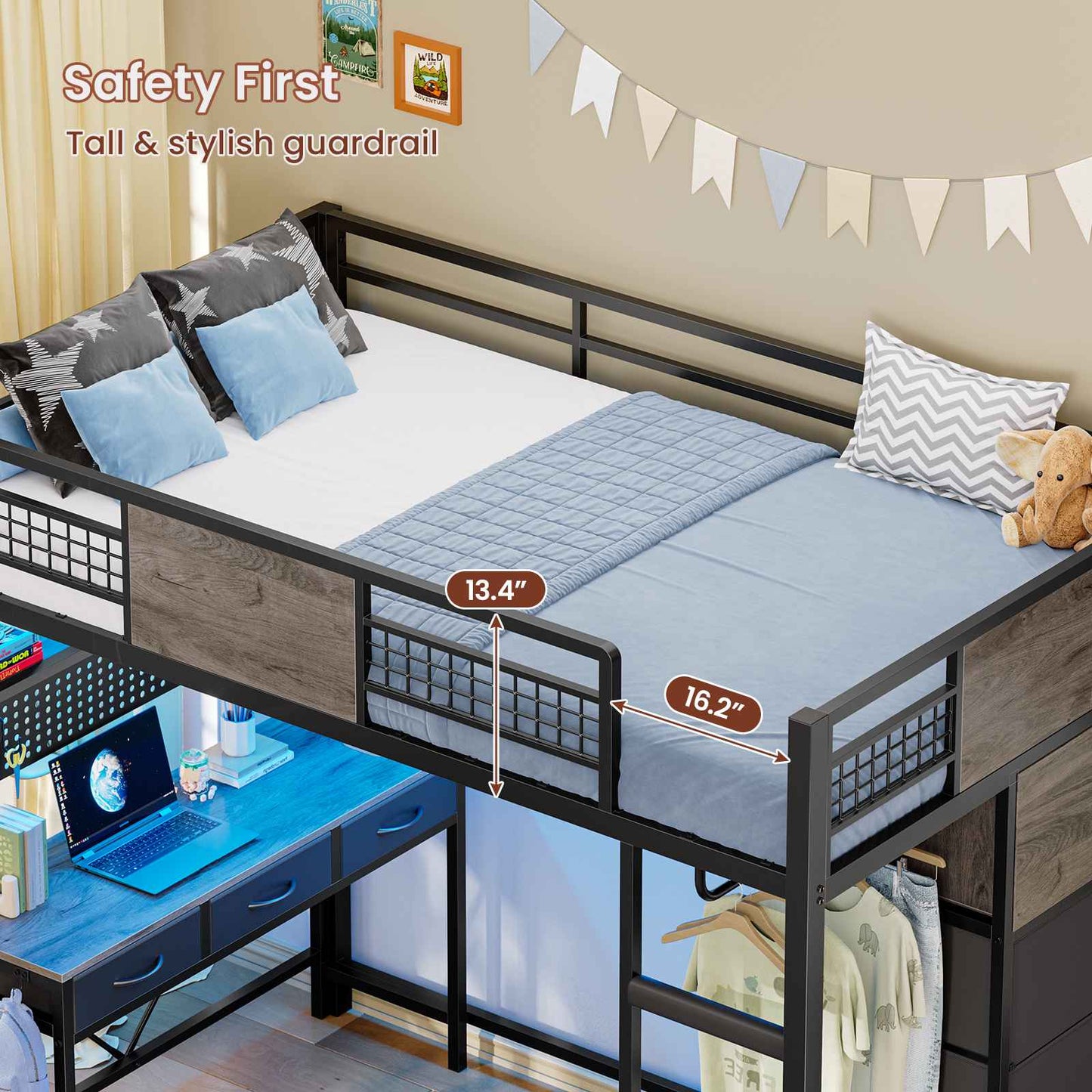 ADORNEVE Loft Bed Twin Size with Desk and Storage Drawers Kids Loft bed with RGB Lights and Charging Station Metal Loft with Shelves Clothing Rack and Safety Guard Paded Ladder