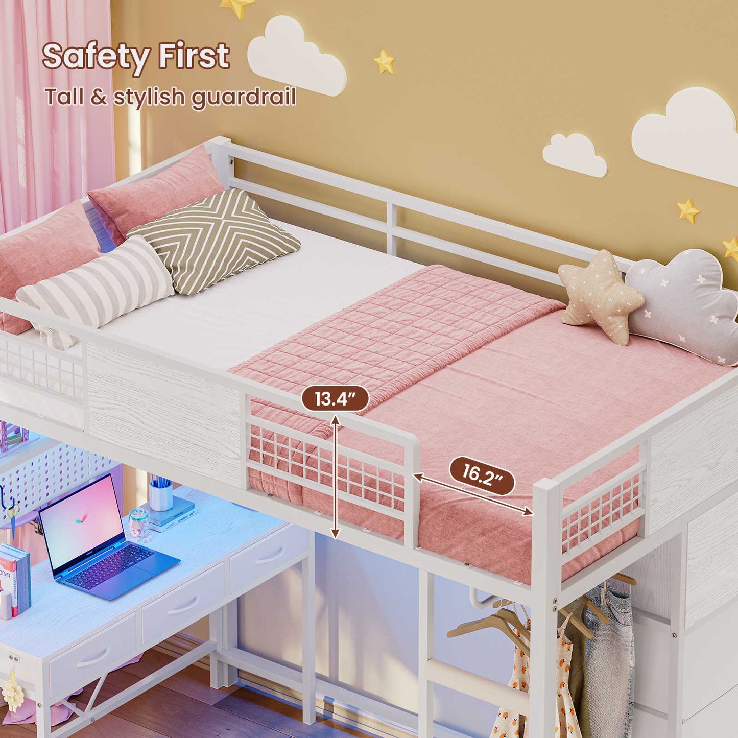 ADORNEVE Loft Bed Twin Size with Desk and Storage Drawers Kids Loft bed with RGB Lights and Charging Station Metal Loft with Shelves Clothing Rack and Safety Guard Paded Ladder
