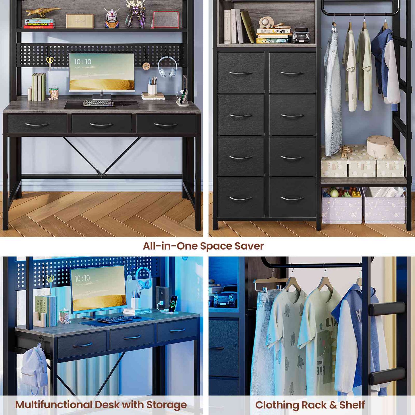 ADORNEVE Loft Bed Twin Size with Desk and Storage Drawers Kids Loft bed with RGB Lights and Charging Station Metal Loft with Shelves Clothing Rack and Safety Guard Paded Ladder